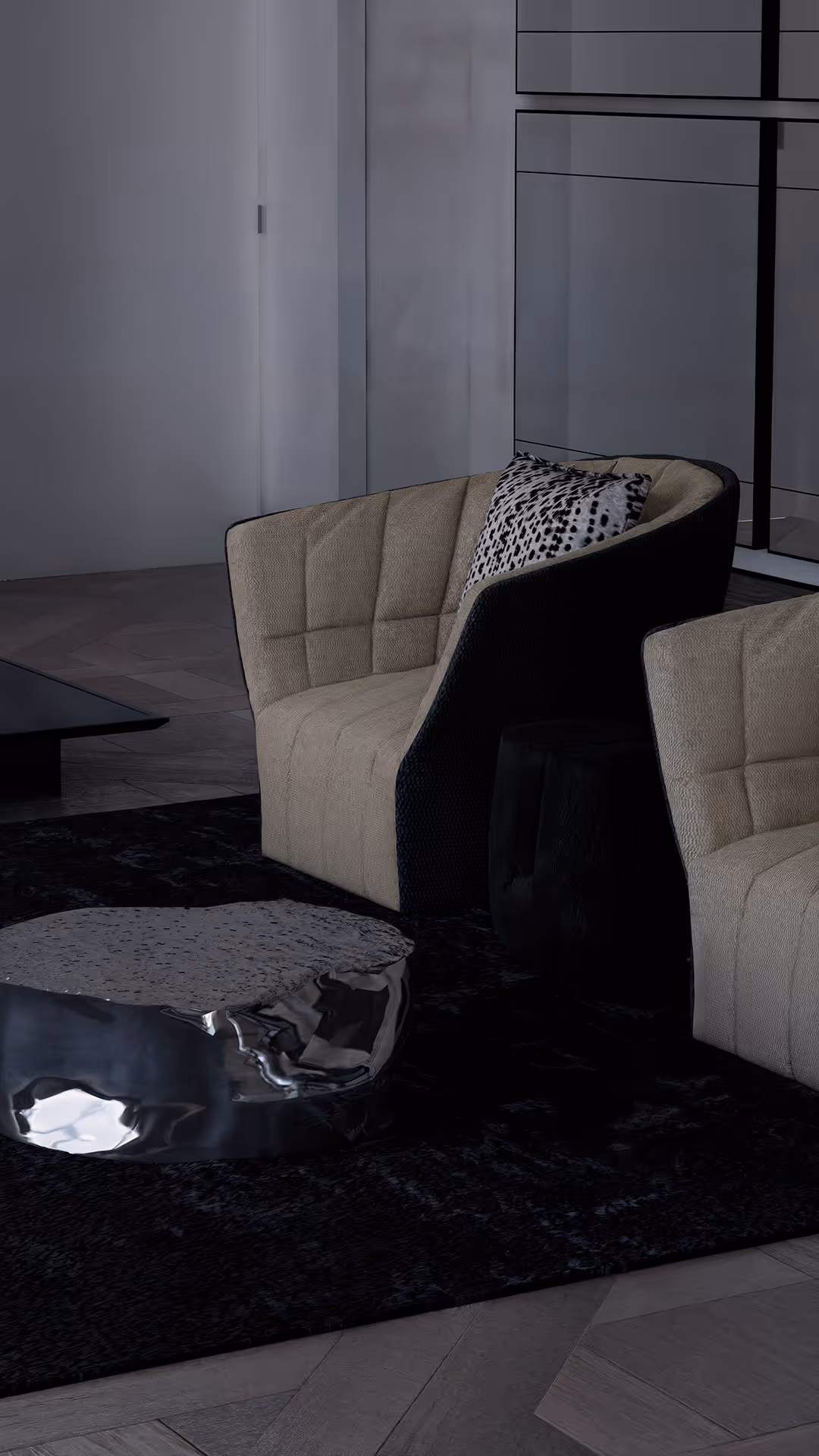 A lounge chair has been thoughtfully positioned to create a serene, personal retreat within the space. Unlike a conventional sofa, it offers a more intimate setting—carefully distanced from shared movement and visual flow—allowing for true individual rest. The soft fabric upholstery enhances tactile comfort and fosters a sense of calm, offering a deeper, more restorative experience.