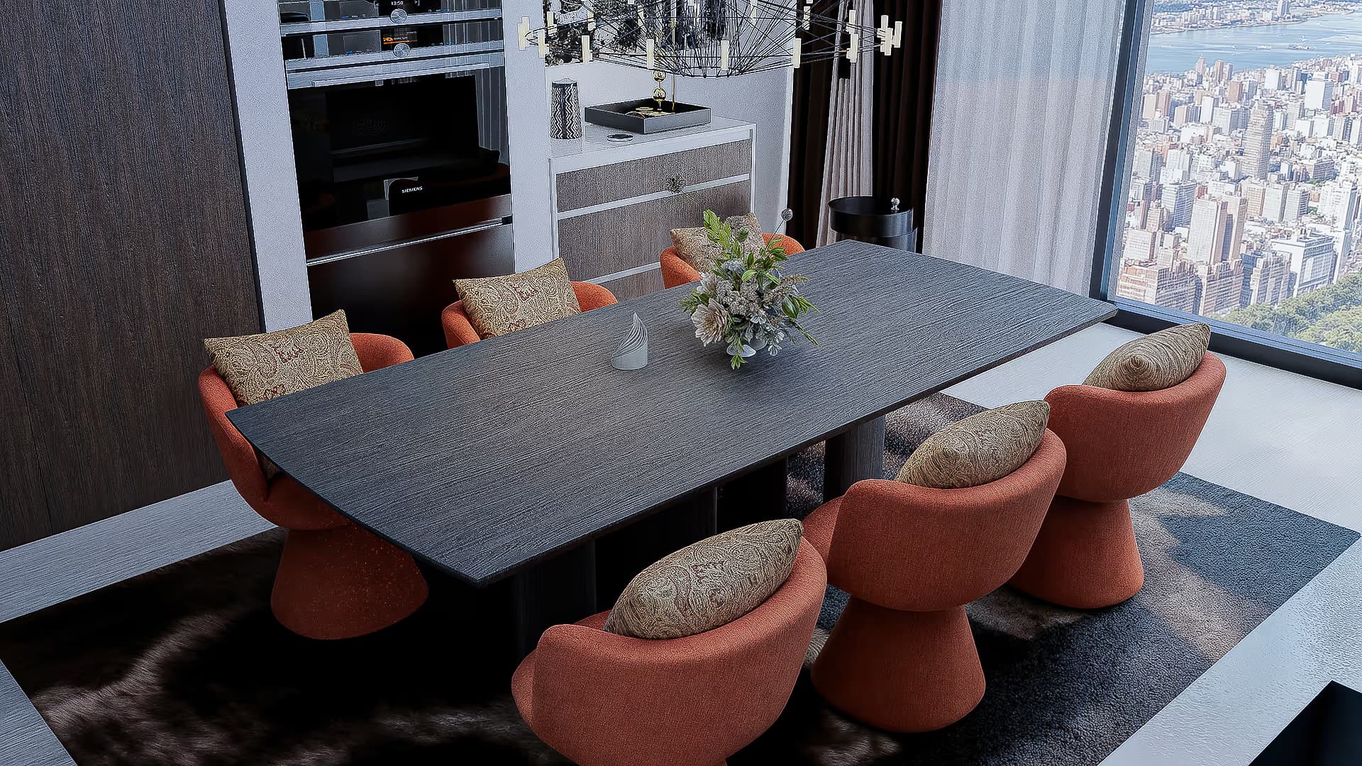 This space exemplifies high-sensitivity home styling, where visual depth is created not through overt contrasts, but through a subtle orchestration of tones and textures. The overall palette is grounded in warm neutrals, offering both visual calm and a delicate tension between materials and colors. Walls and ceilings are finished in warm grey and soft white, softly reflecting natural light throughout the room. The natural oak flooring introduces warmth and grounds the space with a sense of organic balance. Soft beige dining chairs accentuate the fluidity of their sculptural curves, while a deep green rug beneath subtly defines the center zone anchoring the space without disrupting its harmony. Black is used with intention across the piano, console, and sculptural objects, serving as a visual anchor and enhancing the spatial composition with depth and contrast. A bold burgundy lounge sofa introduces rhythm and movement, while a large-scale artwork woven with intricate shades of blue, yellow, and green infuses the space with artistic tension and vibrant energy within a restrained palette.