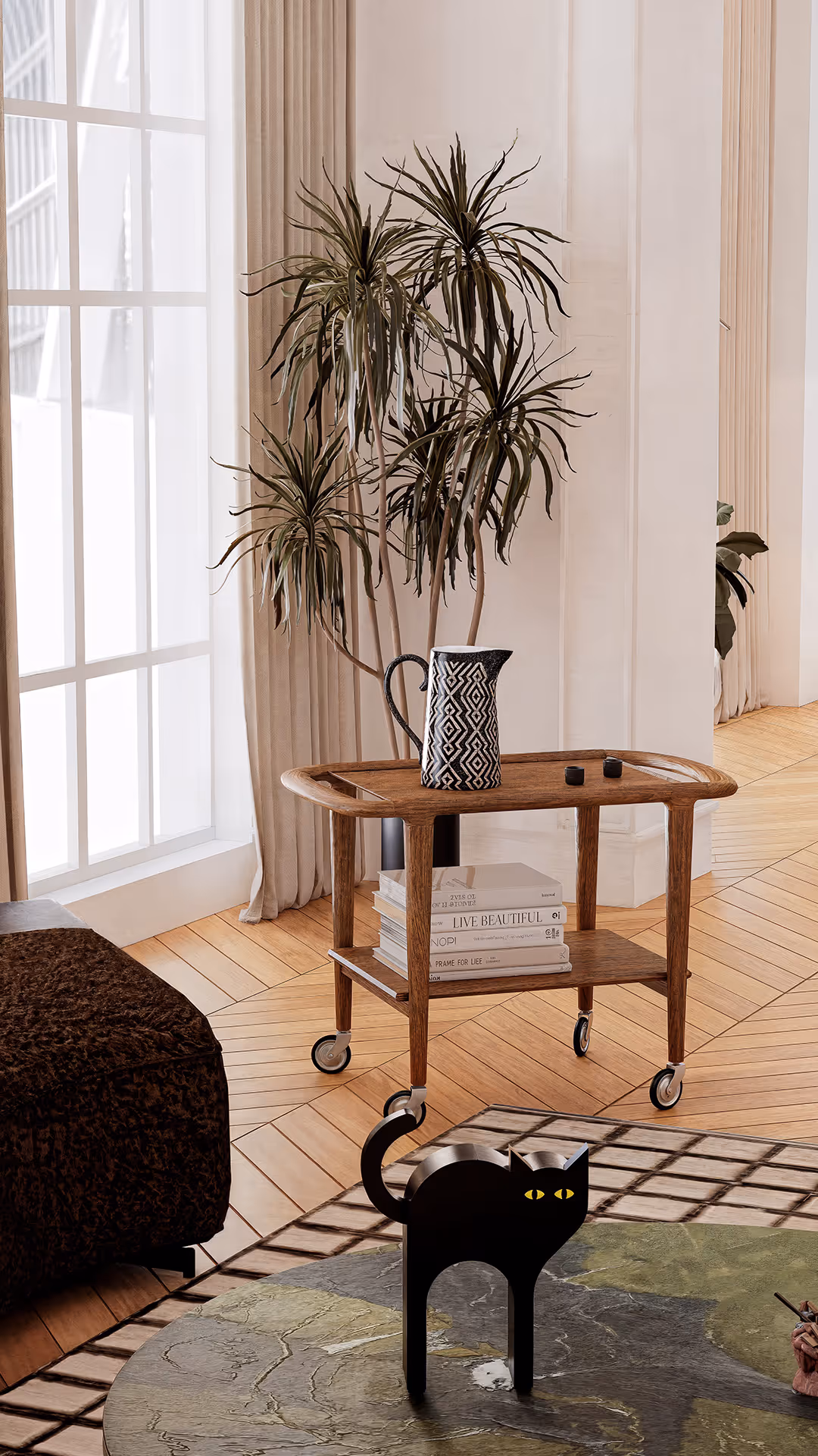To enhance flexibility within the living space, a mobile trolley unit was proposed. Crafted in natural wood with softly rounded edges, the piece functions as both a sculptural accent and a highly practical element within the interior. It offers versatile usability ideal for storing books, decorative objects, or florals, while also serving as a convenient side table for refreshments when entertaining guests. Its mobility allows it to shift seamlessly between purposes, making it a multi-functional lifestyle piece that bridges leisure and hospitality. As a result, the trolley becomes a refined, adaptable solution designed to support dynamic, everyday living.