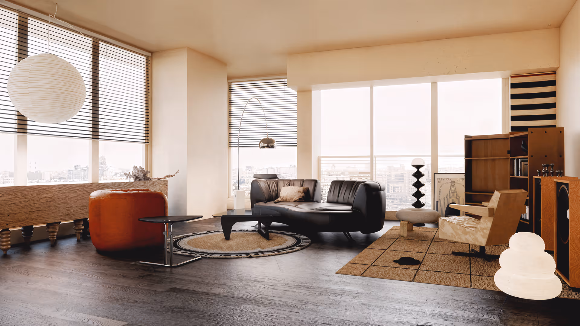 The combination of beige-toned wall finishes and dark wood flooring provides a warm and stable foundation for the space. This is complemented by the striking contrast between black and natural wood, maintaining a sense of modern tension while achieving a refined balance.
