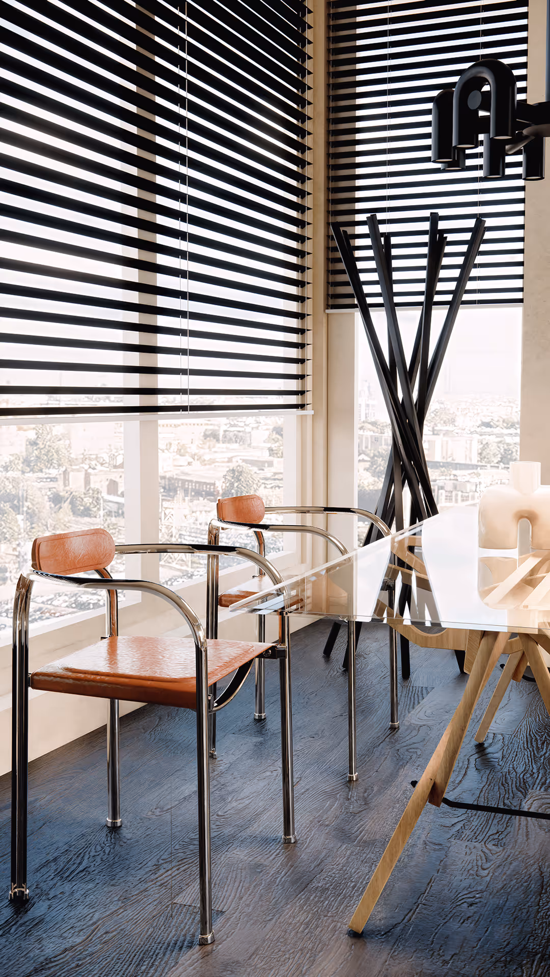 Using a natural yet sophisticated color palette centered around ivory, wood, and black, the space achieves a warm atmosphere that remains visually engaging rather than monotonous. The ivory tones provide a soft and bright backdrop, while the wood materials add natural texture and depth, infusing the space with warmth. The black color introduces a refined weight and strong contrast, creating a sense of tension that enhances the overall harmony.