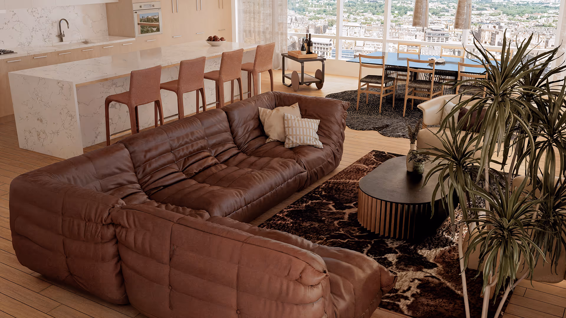 This living space embraces a warm, earthy palette centered on rich browns and natural tones. The chocolate-toned leather sofa anchors the room, while beige accents and layered textures maintain visual harmony. Touches of greenery and wood enhance the organic, sophisticated atmosphere.
