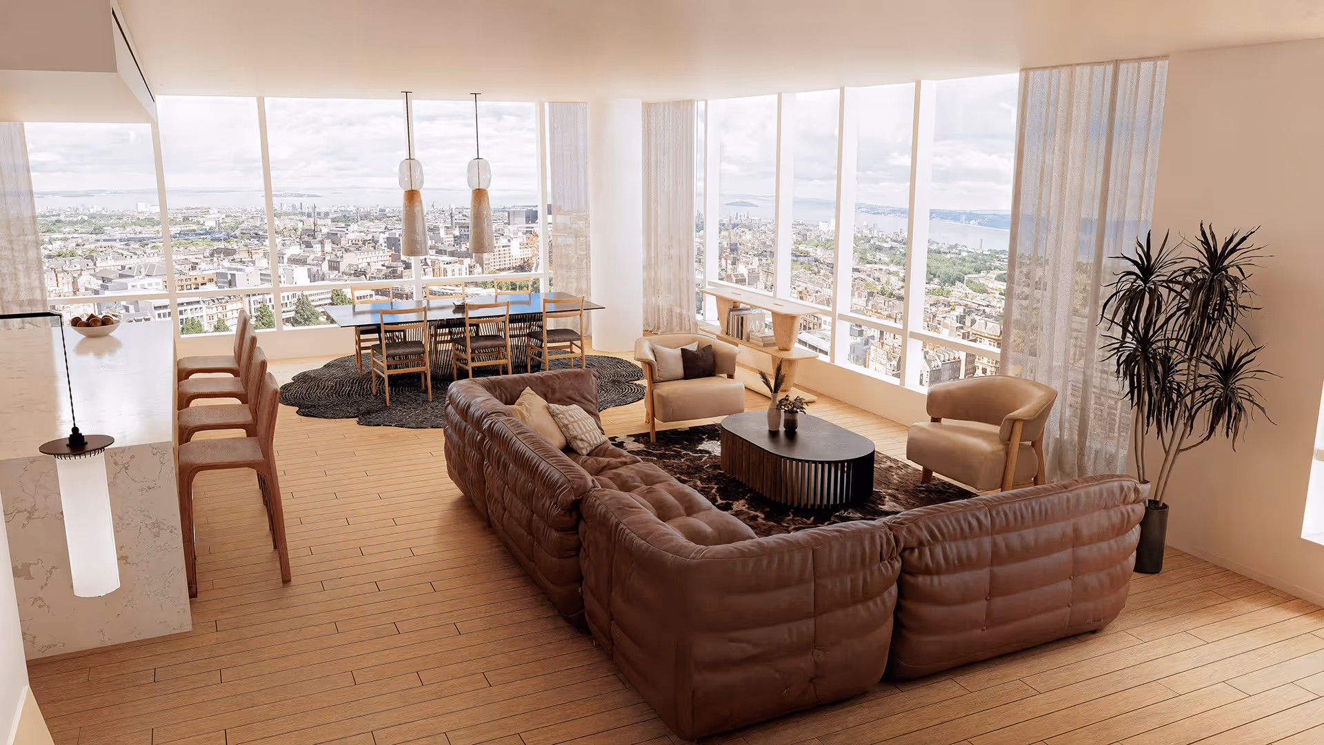 The layout maximizes natural light and panoramic views by positioning the living, dining, and kitchen zones along the windowed perimeter. A modular L-shaped sofa creates a social focal point, while the linear kitchen island and dining table establish seamless flow and functional zoning. The overall arrangement balances openness with intimacy through careful spatial rhythm.