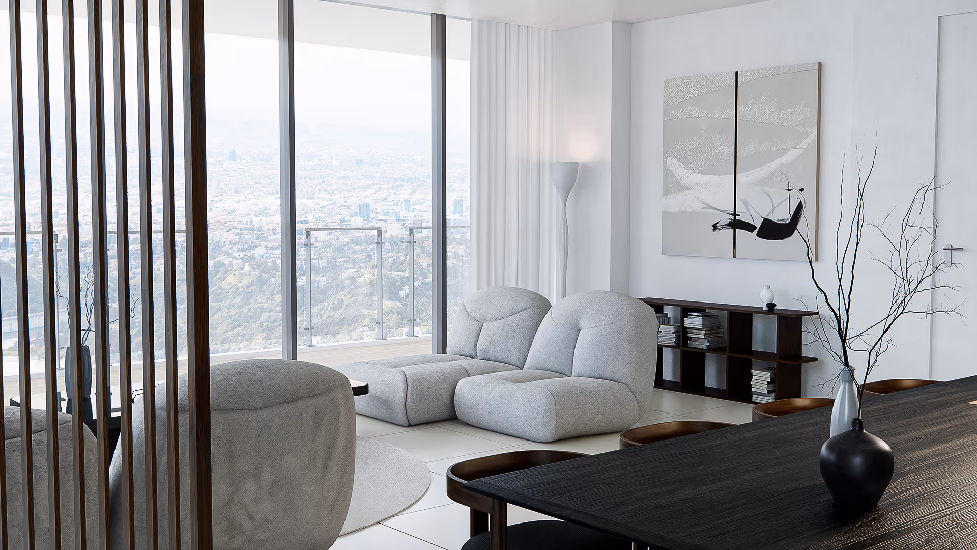A layered living experience unfolds—defined by contrast, texture, and quiet luxury. The dark wood partition subtly separates the living and dining zones while maintaining visual openness. A curated bookshelf and monochrome artwork provide intellectual grounding without overwhelming the senses.