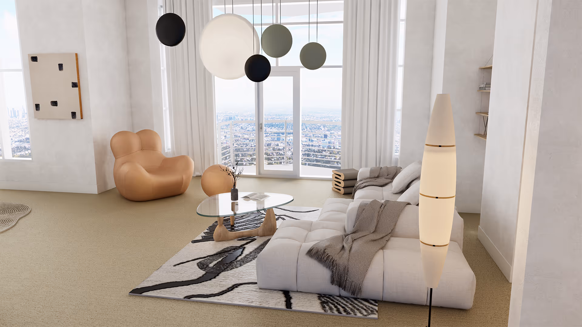A neutral-toned modular sofa sits low to the ground, creating a grounded and calming anchor for the space. The sculptural glass coffee table with a carved wooden base introduces organic movement to the otherwise rectilinear layout, adding a touch of visual poetry. Natural light filters through sheer curtains, softening the room’s edges and allowing textures—like woven throws and layered rugs—to become focal points of comfort.