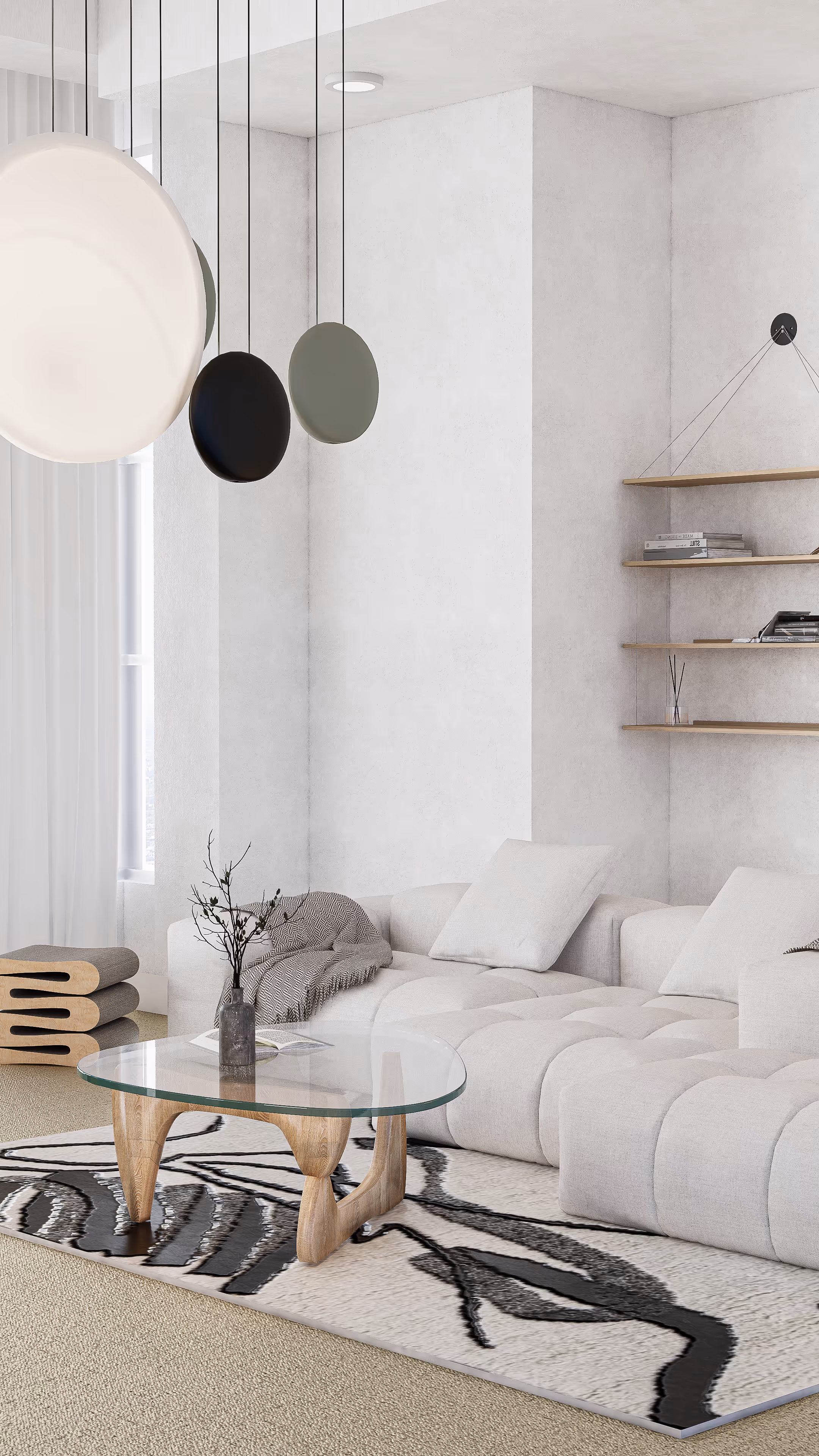 The space is composed with a sense of asymmetrical balance, where sculptural forms and soft furnishings unfold organically across a unified palette. Anchored by a tactile rug with bold, abstract patterns, the layout embraces contrast—between light and dark, curved and linear, stillness and movement. Shelving niches, subtle lighting, and thoughtful spacing allow each piece of furniture to breathe, resulting in a living area that feels both curated and deeply livable.
