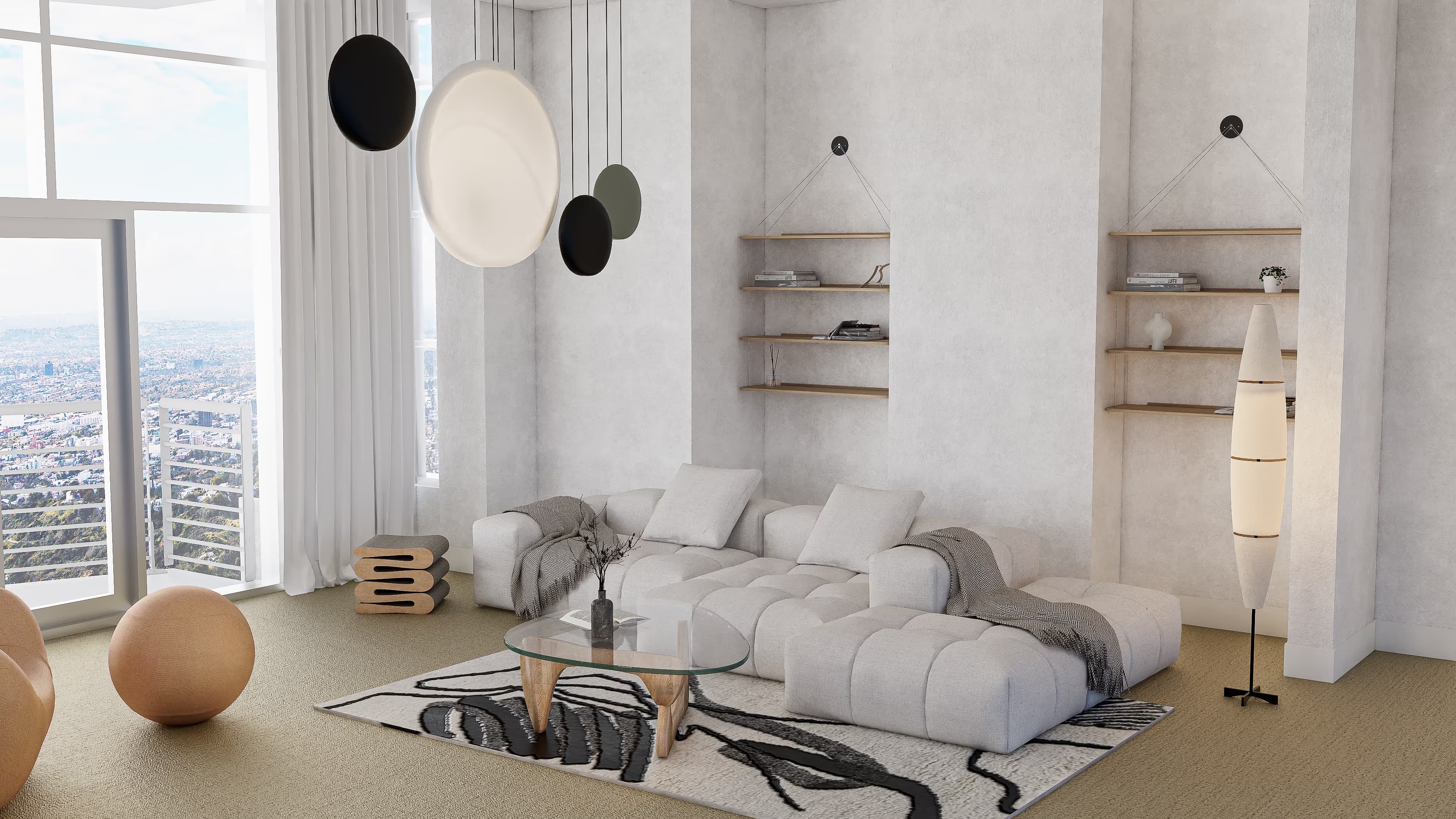 A composition of circular pendant lights floats above the room like weightless sculptures, introducing a dynamic vertical rhythm that contrasts the grounded horizontal lines of the sofa. Their muted tones—off-white, black, and sage green—tie into the color palette of the space, creating visual continuity without overwhelming the eye. The lighting becomes more than functional—it serves as an artistic gesture that frames the room from above.
