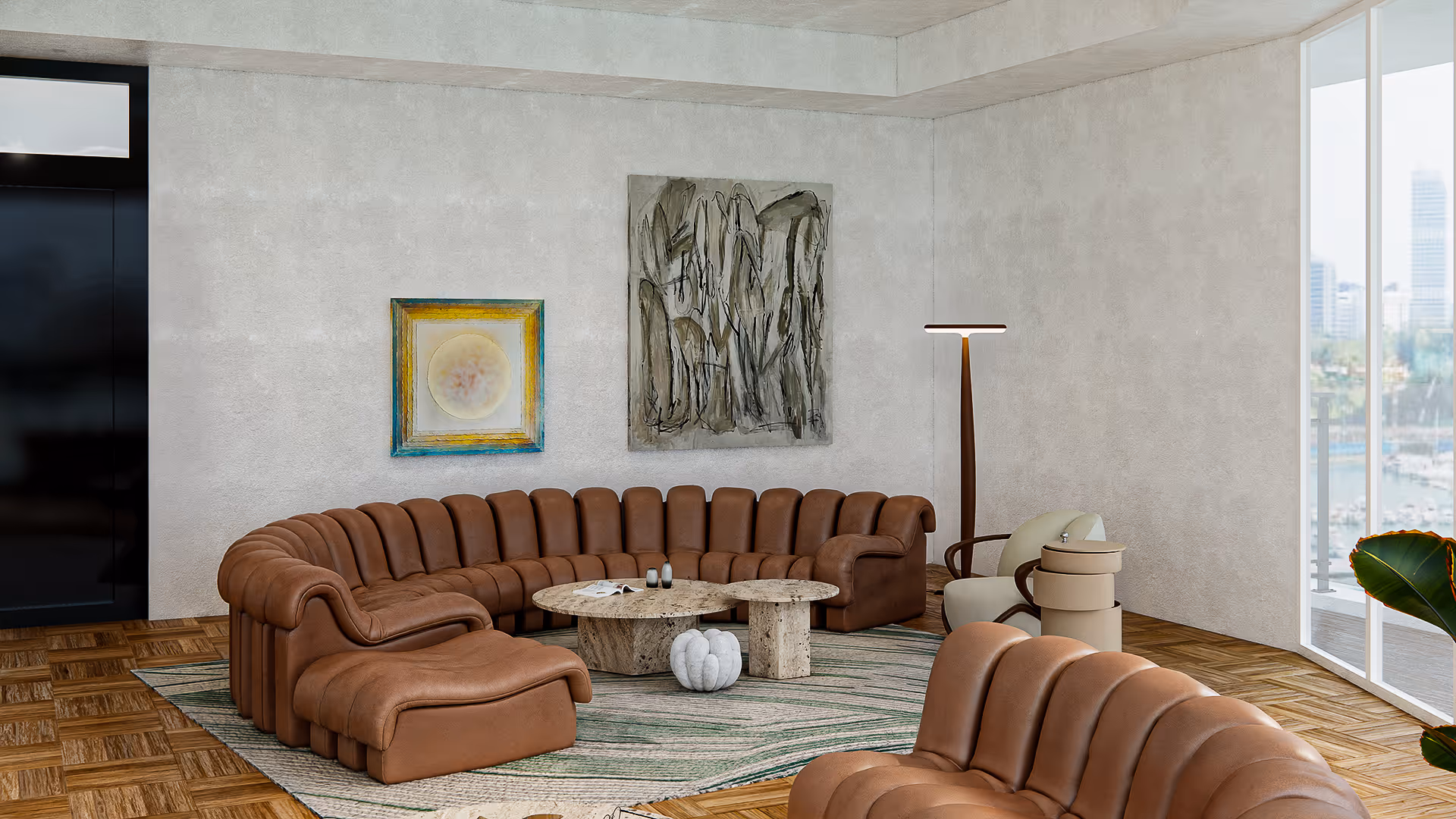 Soft lighting bathes the brown leather seating in a golden hue, elevating the atmosphere to something reminiscent of a luxury retreat. The seating encourages a lounging posture, suggesting moments of rest, reflection, or intimate conversation.