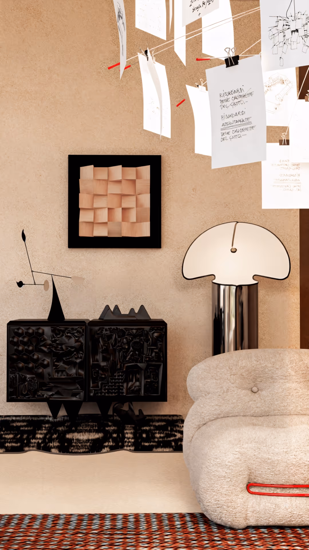 In addition, a thoughtful mix of contrasting materials—matte-textured walls, glossy metallic tables, soft fabric sofas, and side tables finished with tactile tile surfaces—creates a sense of visual tension and balance. These varied textures engage in a dynamic dialogue, establishing rhythm across the spatial surfaces and stimulating the user's senses on multiple levels.