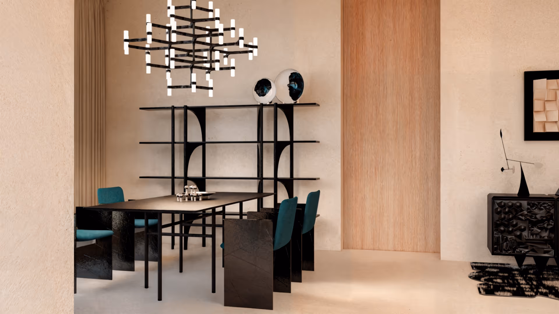 A restrained contrast between gloss and matte, straight lines and curves, and bold colors and neutrals creates a sense of visual balance while keeping the composition dynamic and engaging. Lighting objects with a strong sense of metallic form add a layer of sensory tension within the space’s rational order, functioning as artistic installations in their own right.